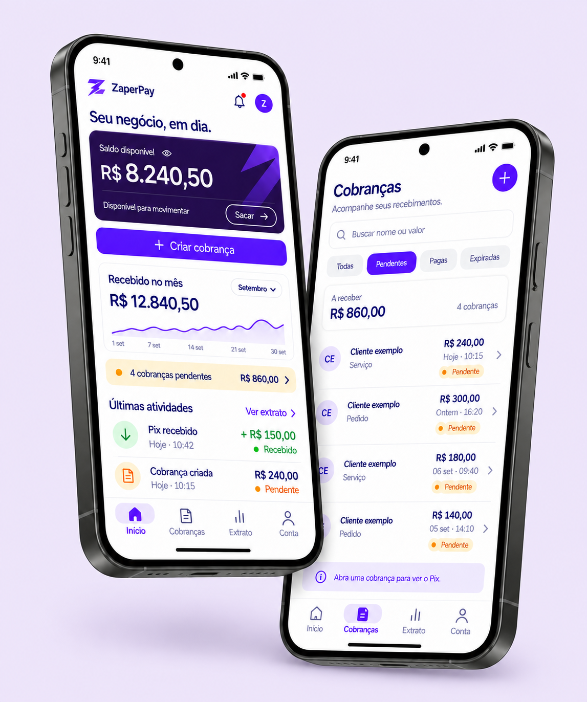 Dois celulares mostrando o saldo e a lista de cobranças no aplicativo ZaperPay